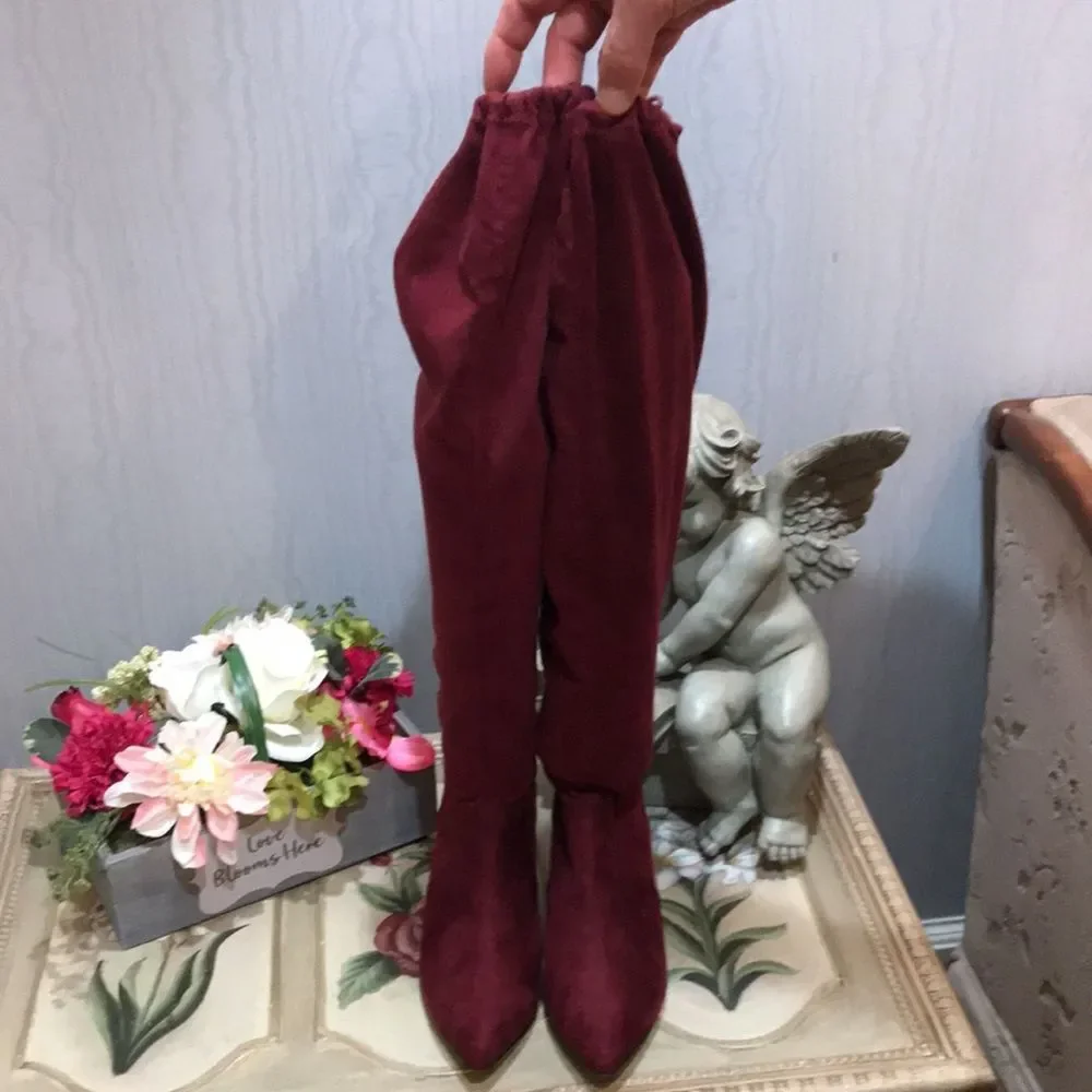 Eloquii Over the Knee Boots Burgandy Faux Suede Sz 7W